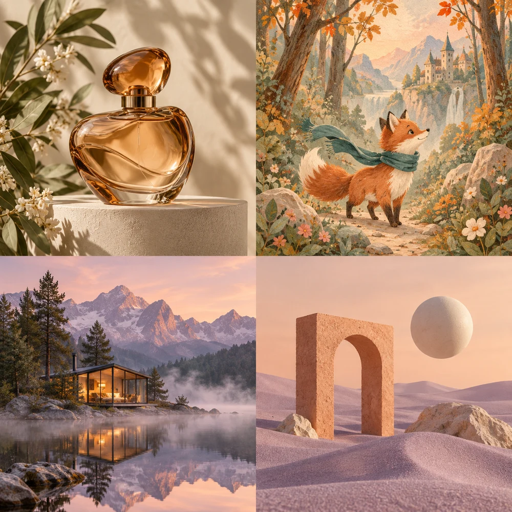AI example of an amber perfume bottle on a cream pedestal with botanical leaves · AI storybook example of a fox in a teal scarf in a warm forest · AI imagined glass cabin reflected in an alpine lake at dawn · AI concept example of a terracotta arch and floating sphere on lilac sand